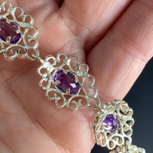 Vintage Sterling Silver 925 Amethyst Scroll Link Tennis Bracelet 7.75" Long - Picture 10 of 13